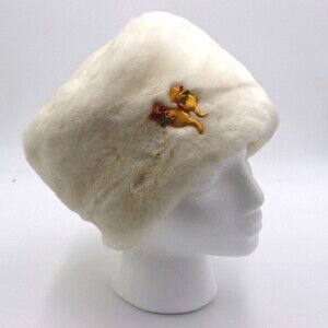 Portolano Cossack White Rabbit Fur Wool Angora Hat Vintage Cat Pin Detail